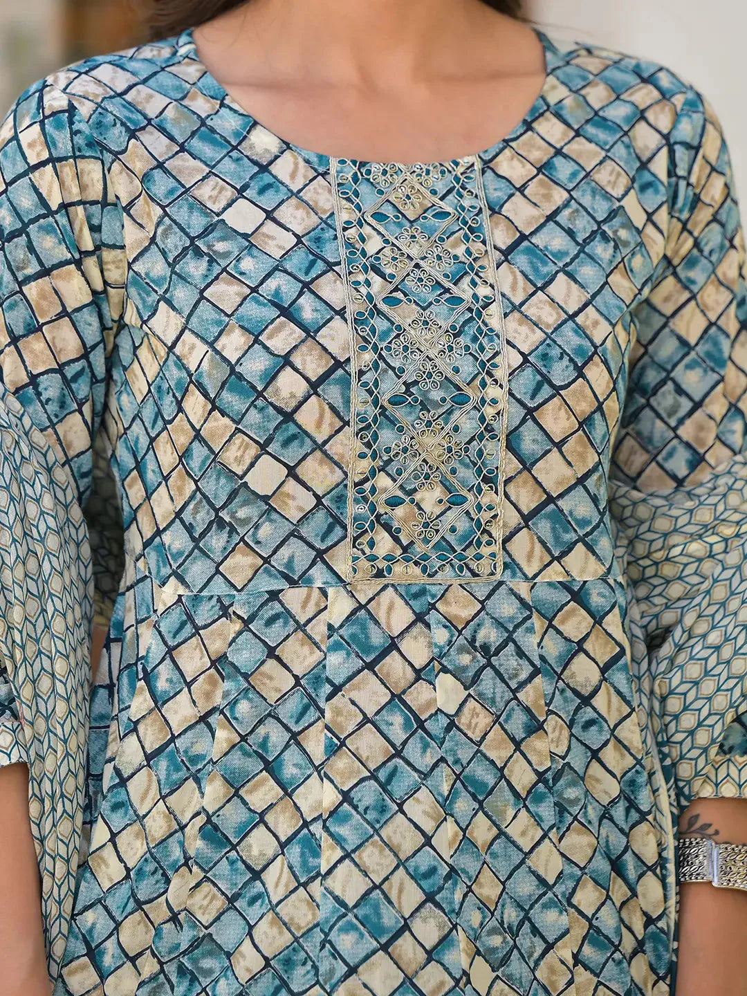 Yufta Blue Checkered Print Anarkali Kurta Trouser With Dupatta Set