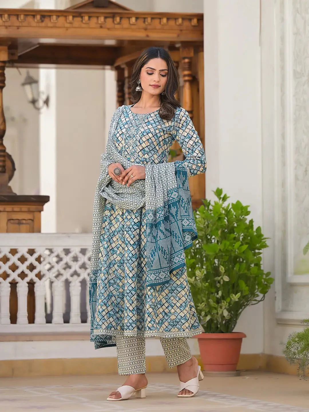 Yufta Blue Checkered Print Anarkali Kurta Trouser With Dupatta Set