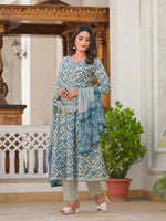 Thumbnail for Yufta Blue Checkered Print Anarkali Kurta Trouser With Dupatta Set