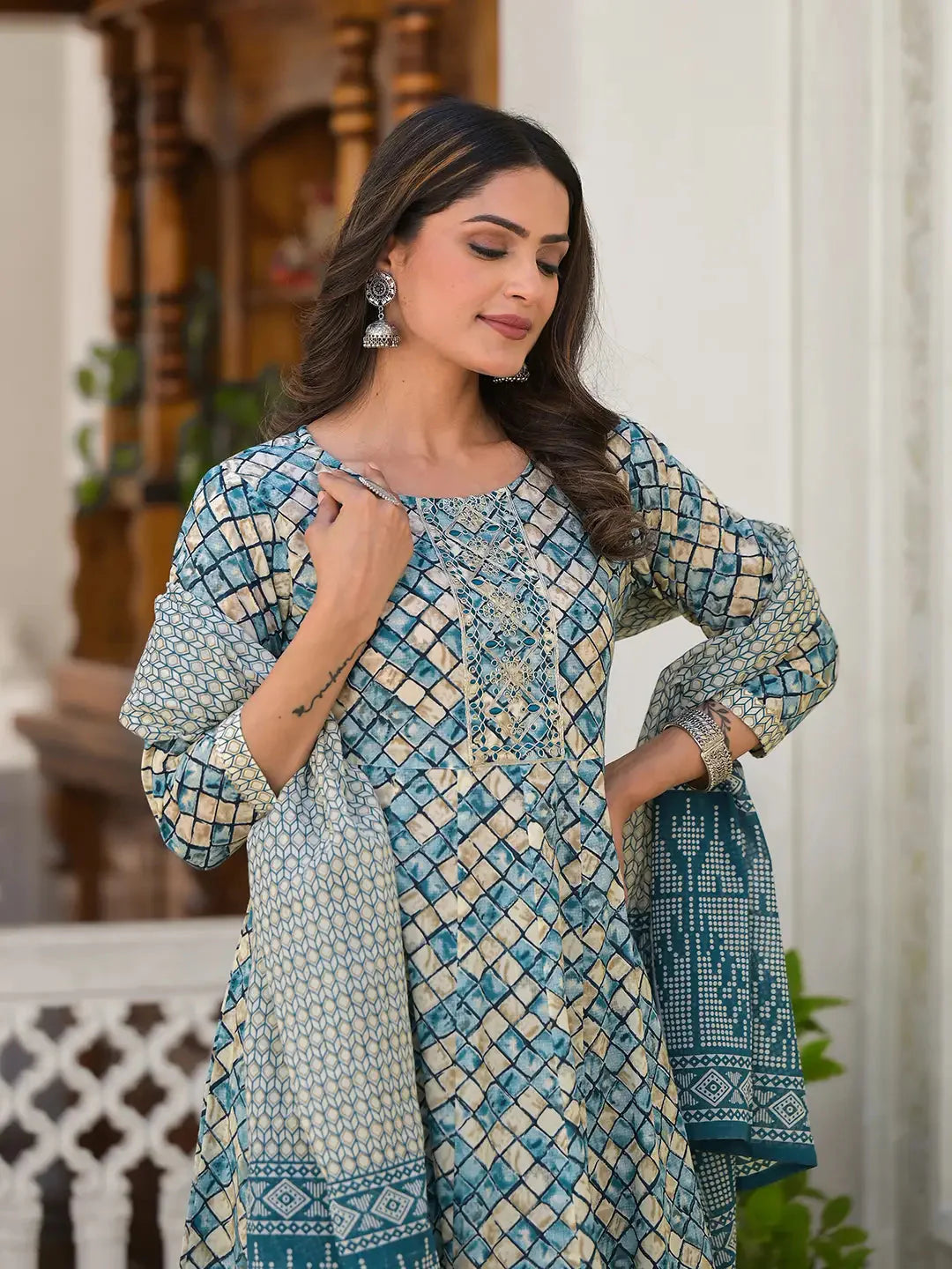 Yufta Blue Checkered Print Anarkali Kurta Trouser With Dupatta Set