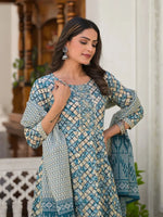 Thumbnail for Yufta Blue Checkered Print Anarkali Kurta Trouser With Dupatta Set