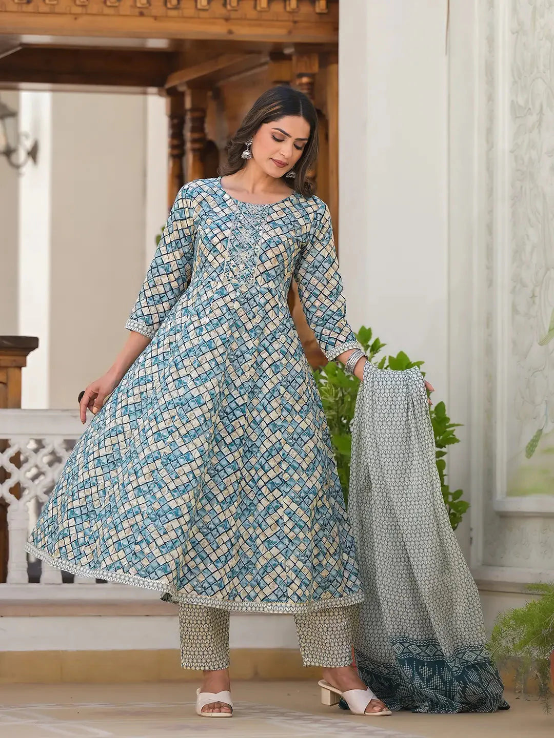 Yufta Blue Checkered Print Anarkali Kurta Trouser With Dupatta Set