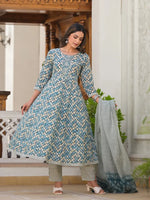 Thumbnail for Yufta Blue Checkered Print Anarkali Kurta Trouser With Dupatta Set