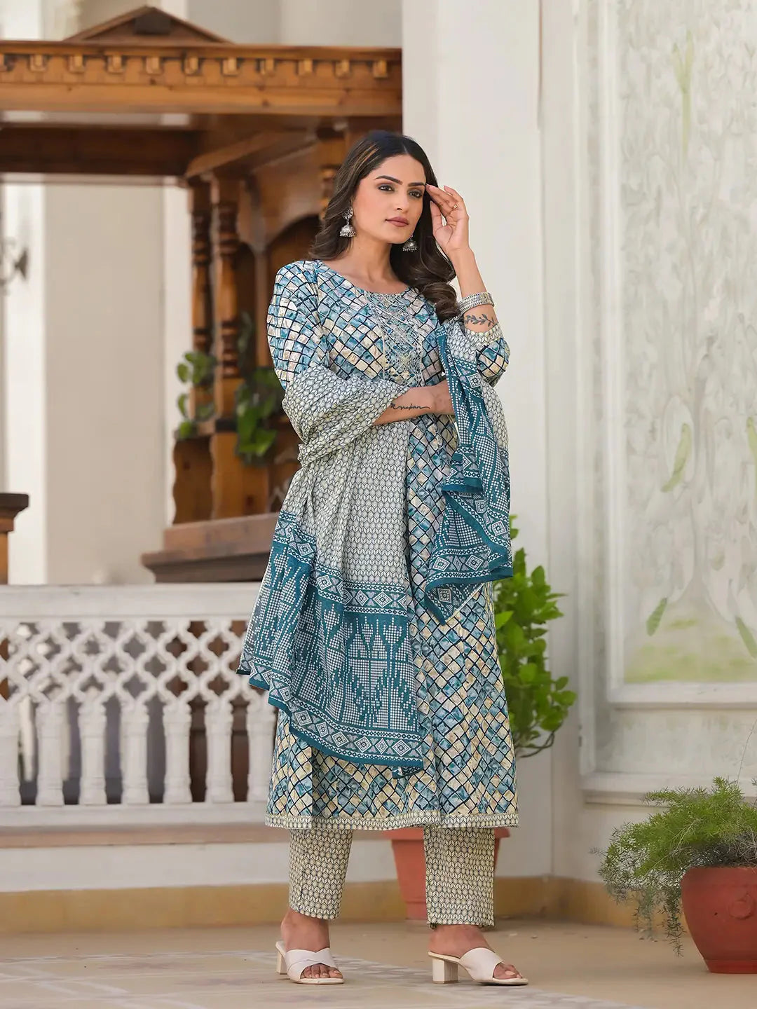 Yufta Blue Checkered Print Anarkali Kurta Trouser With Dupatta Set