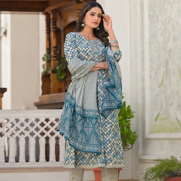 Yufta Blue Checkered Print Anarkali Kurta Trouser With Dupatta Set - Distacart