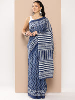 Thumbnail for Yufta Blue Chevron Mulmul Cotton Sarees With Unstitched Blouse