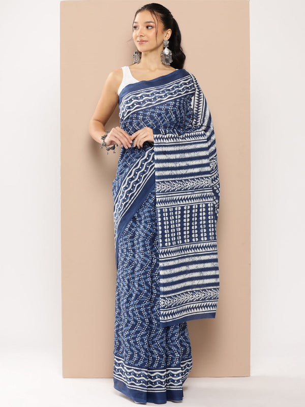 Yufta Blue Chevron Mulmul Cotton Sarees With Unstitched Blouse