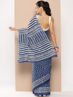 Thumbnail for Yufta Blue Chevron Mulmul Cotton Sarees With Unstitched Blouse