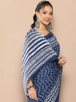 Thumbnail for Yufta Blue Chevron Mulmul Cotton Sarees With Unstitched Blouse