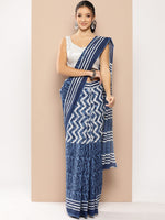 Thumbnail for Yufta Blue Chevron Mulmul Cotton Sarees With Unstitched Blouse