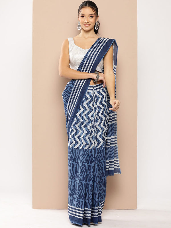 Yufta Blue Chevron Mulmul Cotton Sarees With Unstitched Blouse