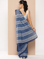 Thumbnail for Yufta Blue Chevron Mulmul Cotton Sarees With Unstitched Blouse