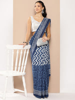 Thumbnail for Yufta Blue Chevron Mulmul Cotton Sarees With Unstitched Blouse