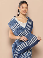 Thumbnail for Yufta Blue Chevron Mulmul Cotton Sarees With Unstitched Blouse