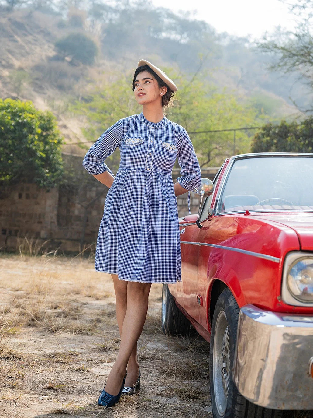 Yufta Blue Cotton Check Short Dress - Distacart