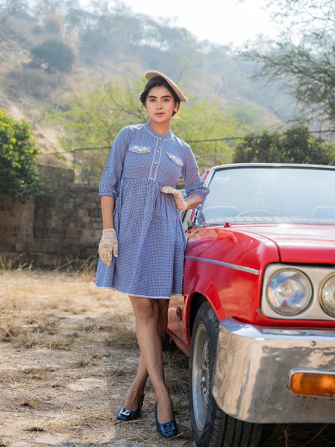 Yufta Blue Cotton Check Short Dress - Distacart