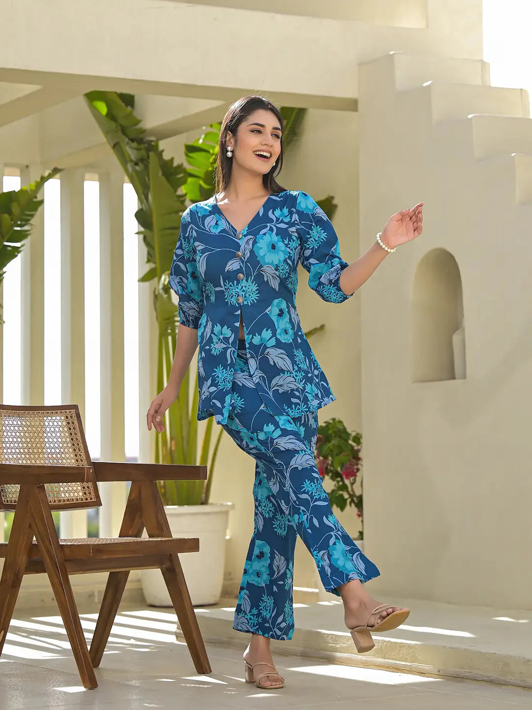 Yufta Blue Cotton Ethnic Motifs Print Co-Ord Set - Distacart