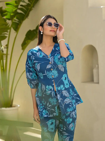 Yufta Blue Cotton Ethnic Motifs Print Co-Ord Set - Distacart