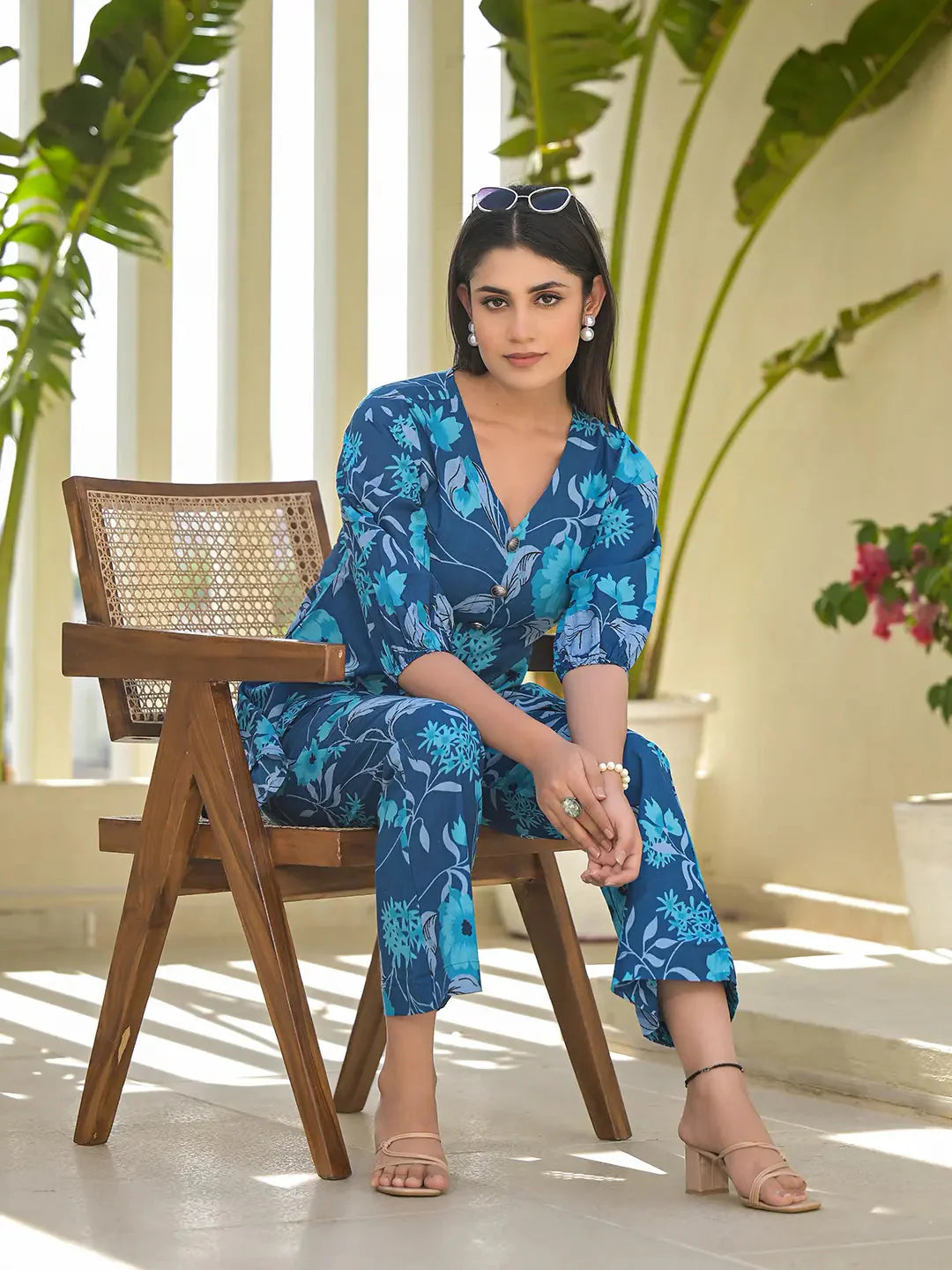 Yufta Blue Cotton Ethnic Motifs Print Co-Ord Set - Distacart