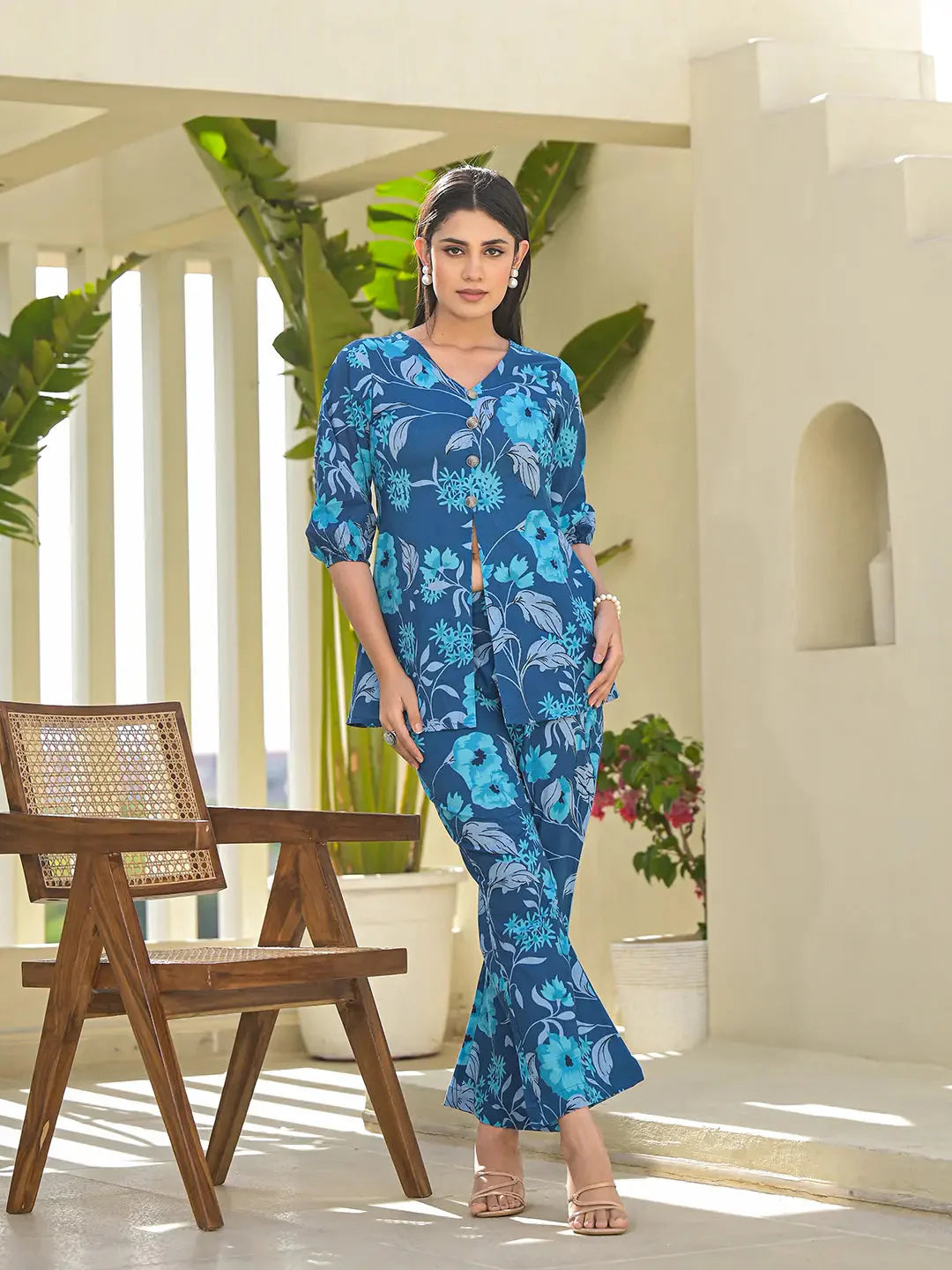 Yufta Blue Cotton Ethnic Motifs Print Co-Ord Set - Distacart