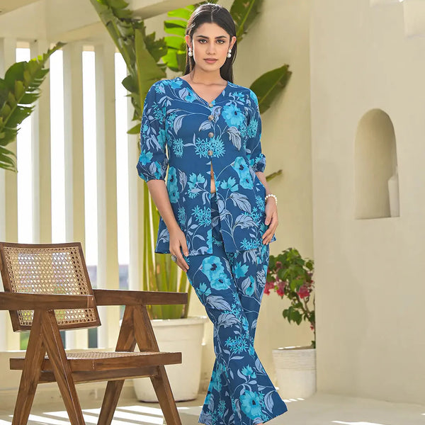 Yufta Blue Cotton Ethnic Motifs Print Co-Ord Set - Distacart