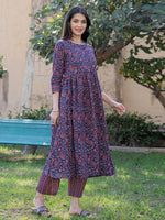 Thumbnail for Yufta Blue Cotton Printed gathered kurta Set With Front Slit