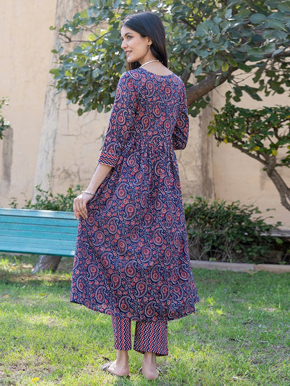 Yufta Blue Cotton Printed gathered kurta Set With Front Slit - Distacart