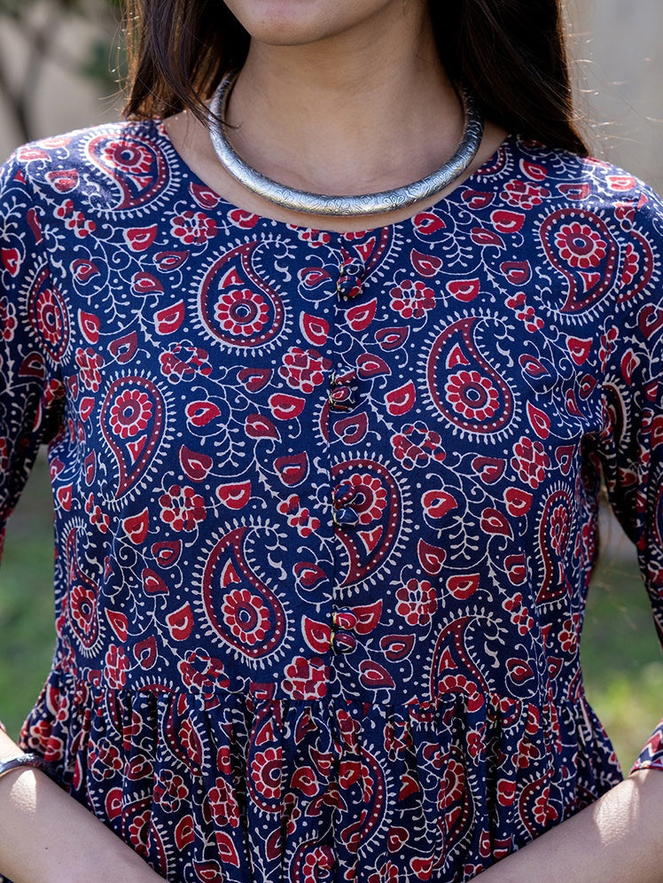 Yufta Blue Cotton Printed gathered kurta Set With Front Slit - Distacart