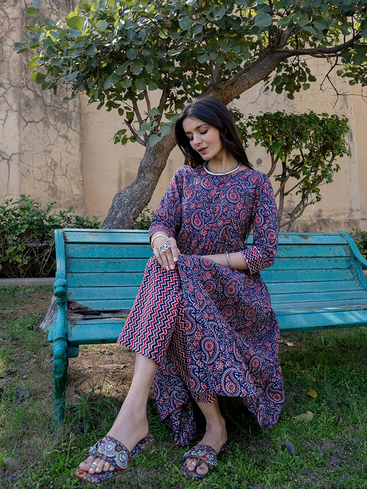 Yufta Blue Cotton Printed gathered kurta Set With Front Slit - Distacart