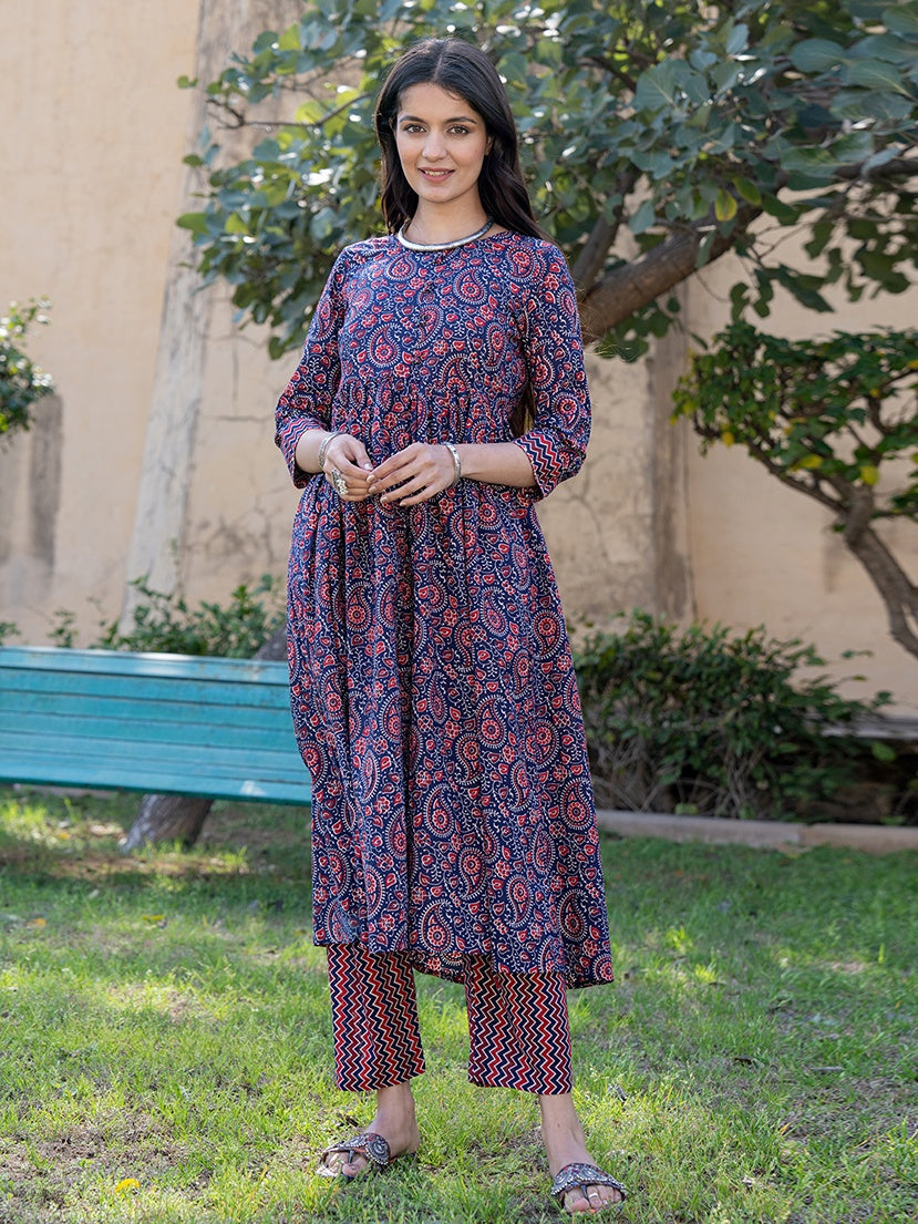 Yufta Blue Cotton Printed gathered kurta Set With Front Slit - Distacart