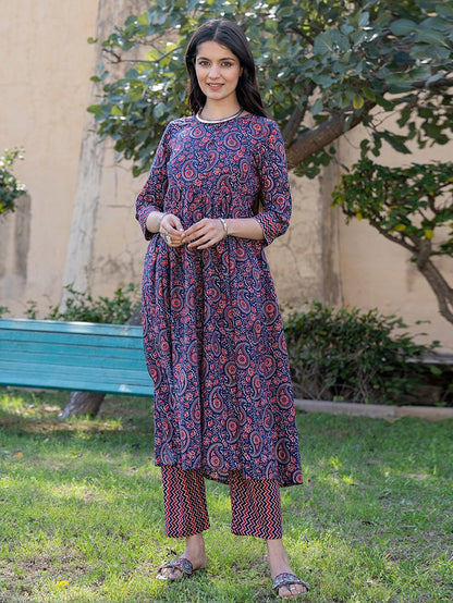 Yufta Blue Cotton Printed gathered kurta Set With Front Slit - Distacart
