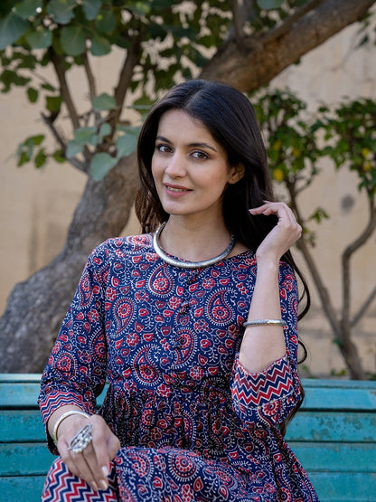 Yufta Blue Cotton Printed gathered kurta Set With Front Slit - Distacart