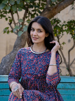 Thumbnail for Yufta Blue Cotton Printed gathered kurta Set With Front Slit
