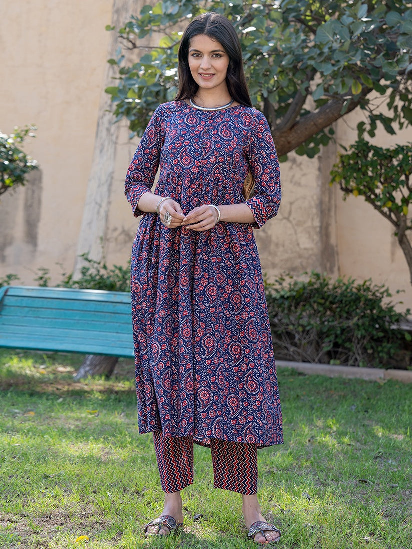 Yufta Blue Cotton Printed gathered kurta Set With Front Slit - Distacart