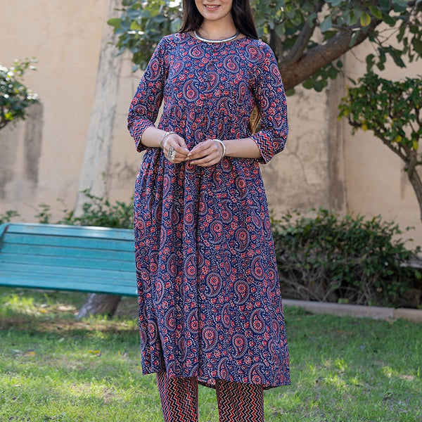 Yufta Blue Cotton Printed gathered kurta Set With Front Slit - Distacart