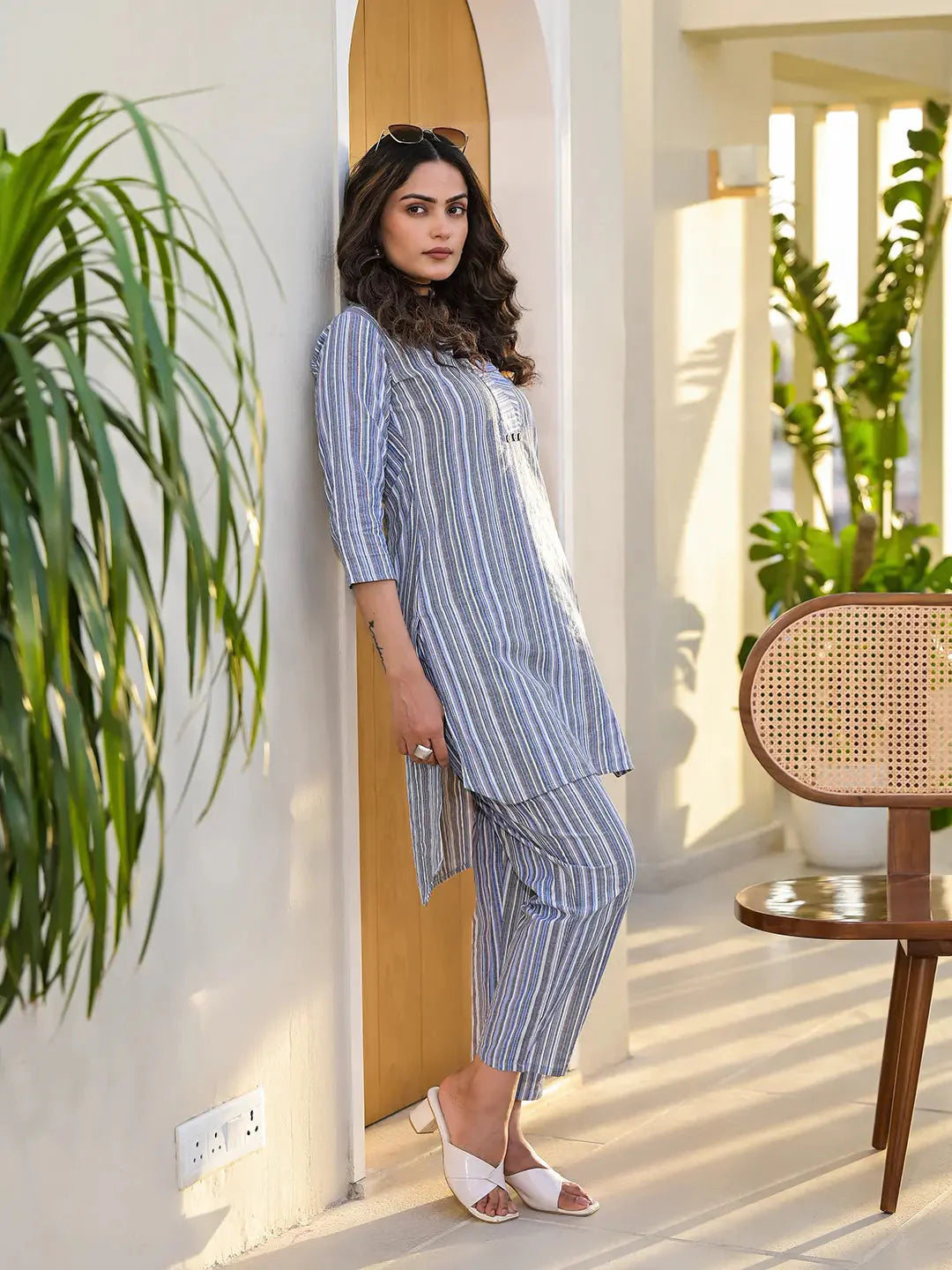 Yufta Blue Cotton Striped Print Co-Ord Set - Distacart