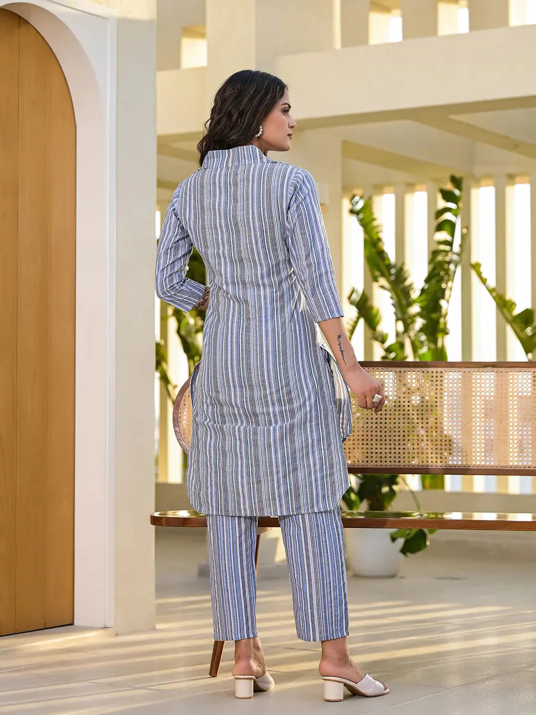 Yufta Blue Cotton Striped Print Co-Ord Set