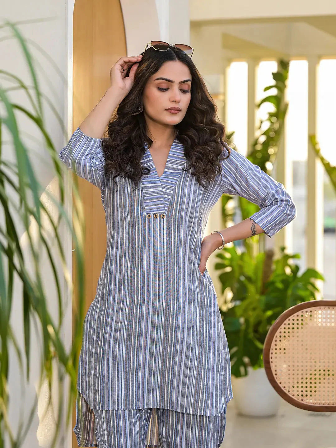 Yufta Blue Cotton Striped Print Co-Ord Set