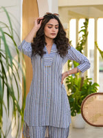 Thumbnail for Yufta Blue Cotton Striped Print Co-Ord Set