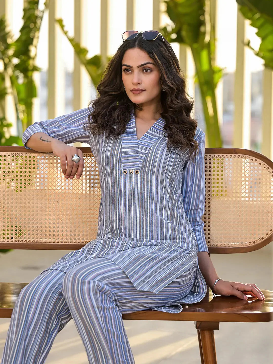 Yufta Blue Cotton Striped Print Co-Ord Set
