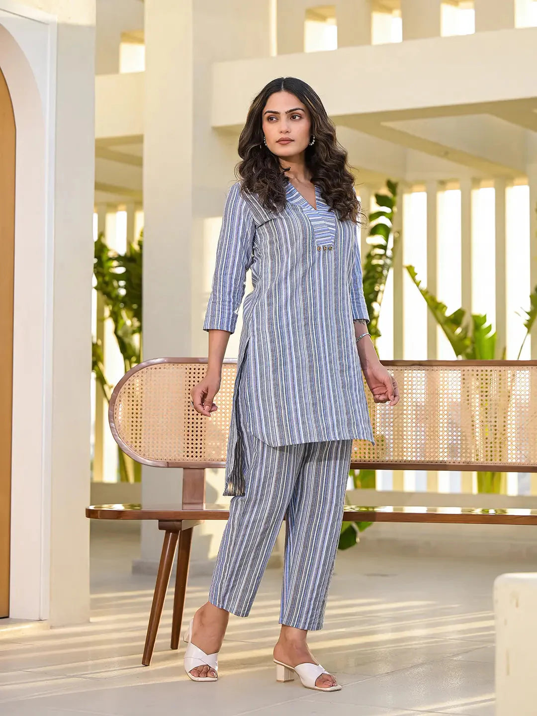 Yufta Blue Cotton Striped Print Co-Ord Set