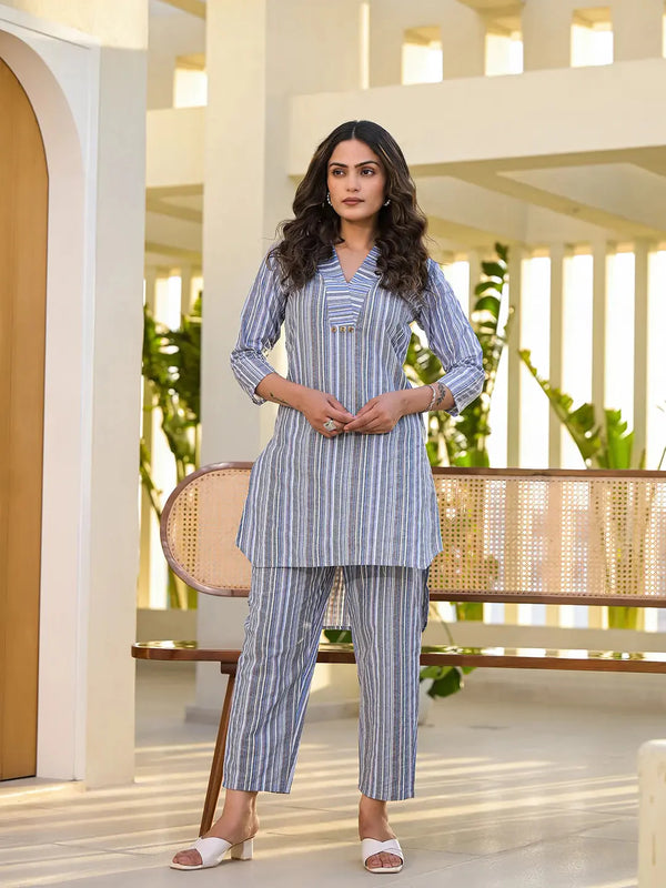 Yufta Blue Cotton Striped Print Co-Ord Set