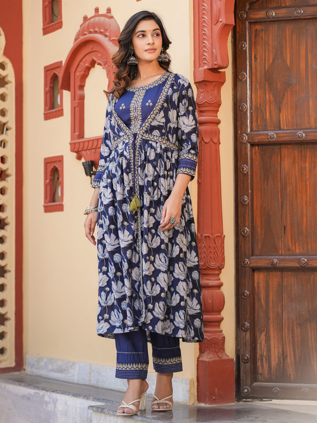 Yufta Blue Embroidered shrug Crop top co ord set
