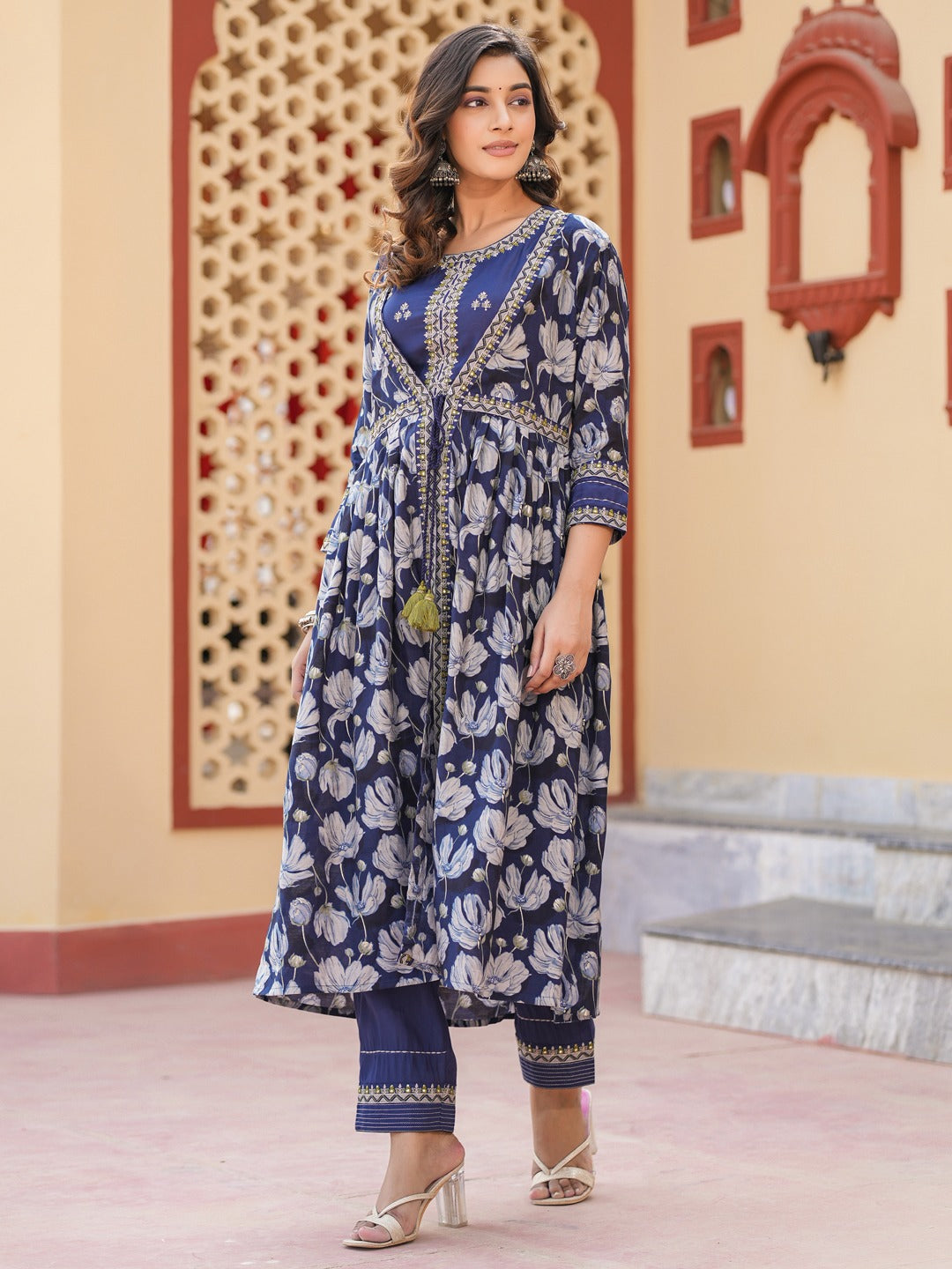 Yufta Blue Embroidered shrug Crop top co ord set - Distacart