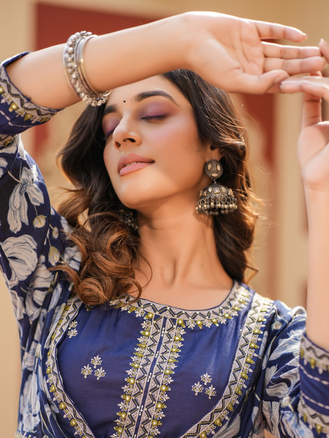 Yufta Blue Embroidered shrug Crop top co ord set
