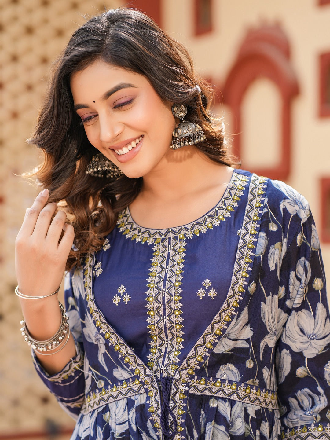 Yufta Blue Embroidered shrug Crop top co ord set - Distacart