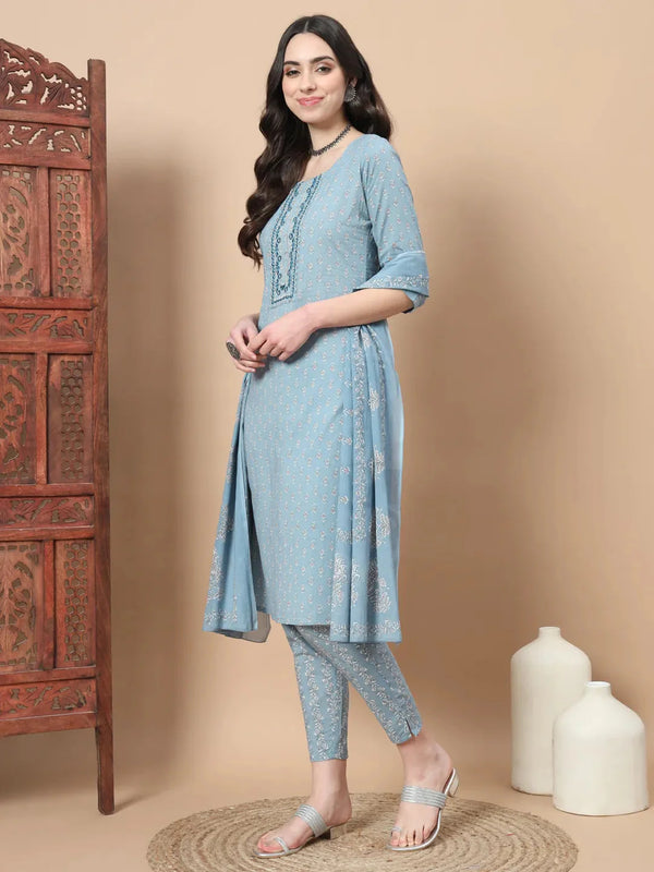 Yufta Blue Ethnic Motifs,Thread_Work Straight Kurta Trouser And Dupatta Set