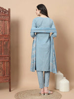 Thumbnail for Yufta Blue Ethnic Motifs,Thread_Work Straight Kurta Trouser And Dupatta Set