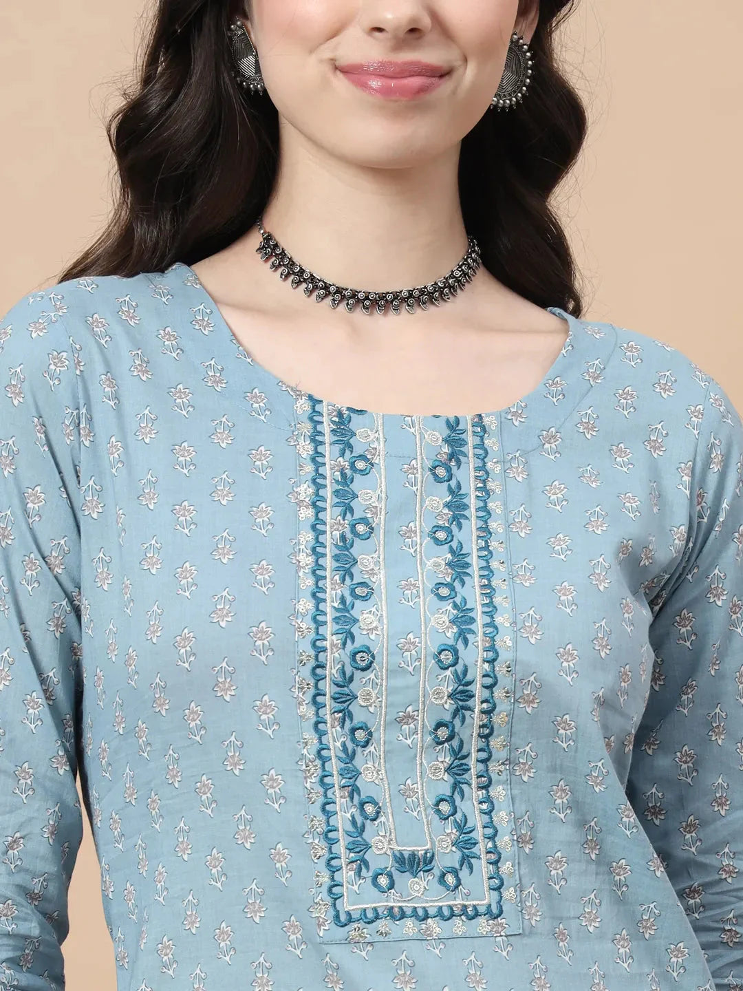 Yufta Blue Ethnic Motifs,Thread_Work Straight Kurta Trouser And Dupatta Set