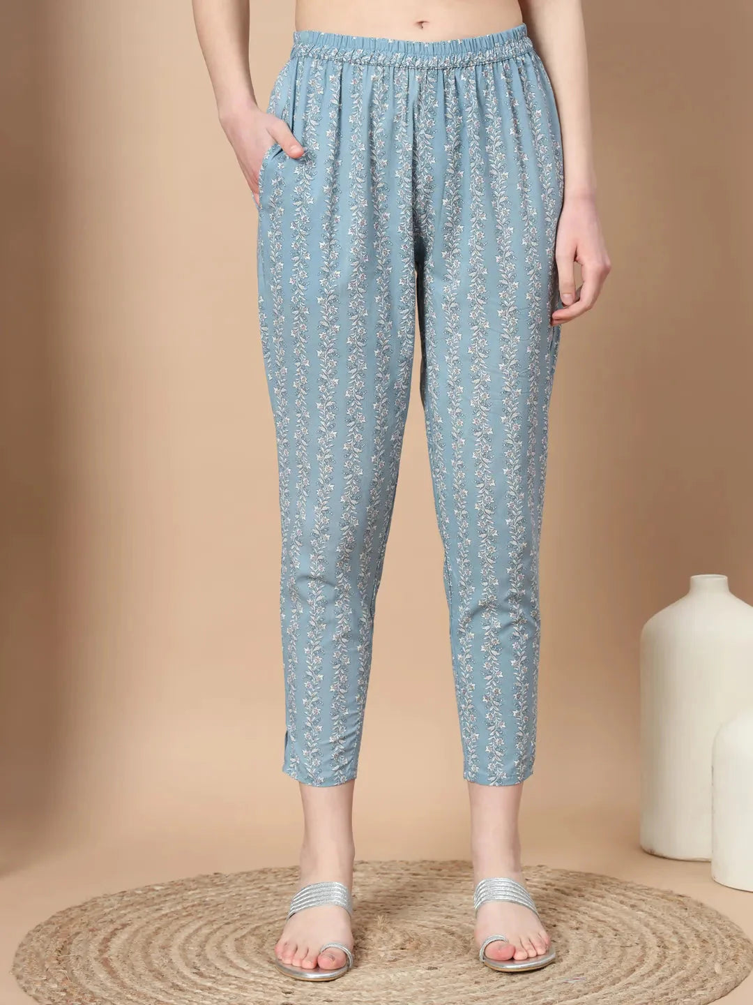 Yufta Blue Ethnic Motifs,Thread_Work Straight Kurta Trouser And Dupatta Set